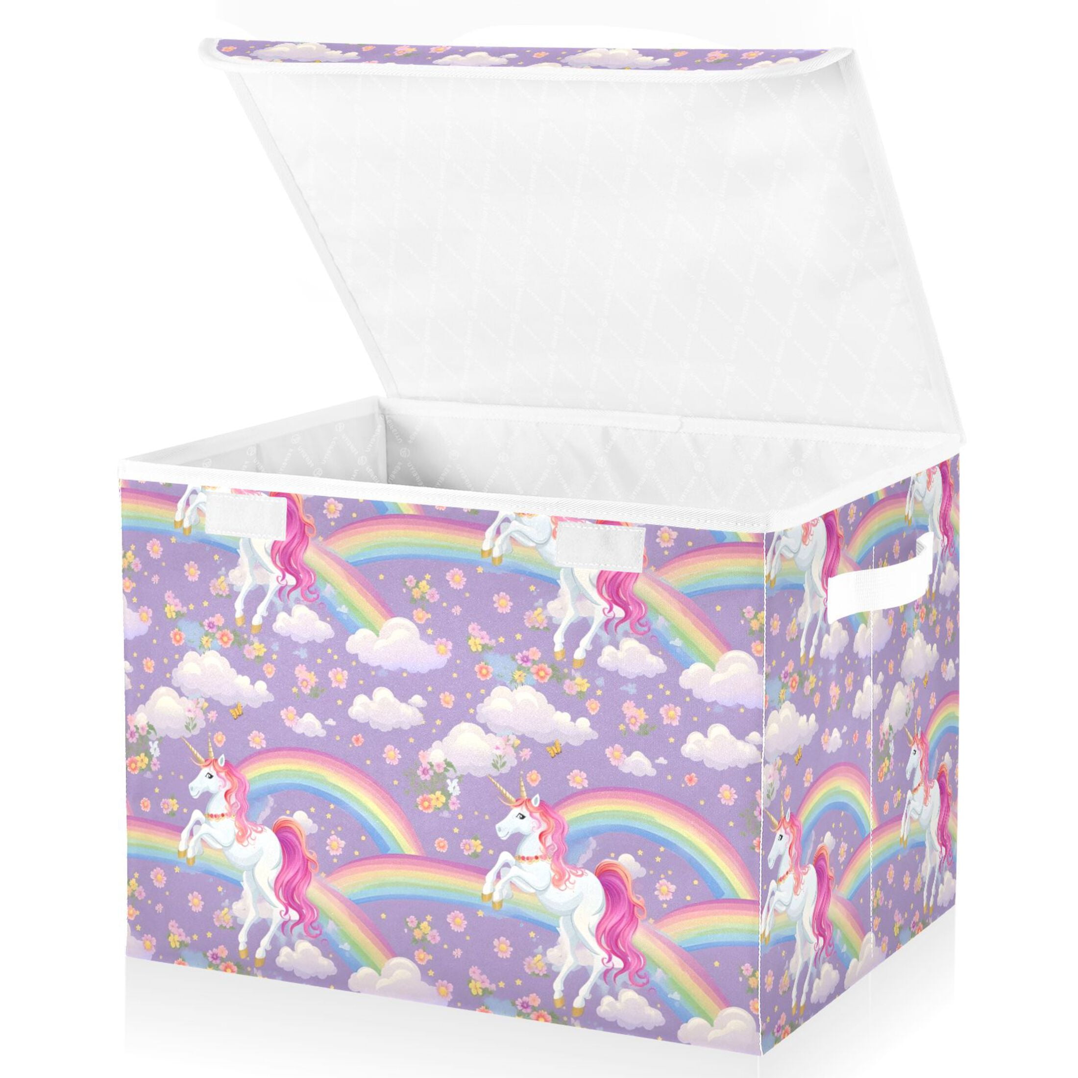Large Lidded Bin Foldable Storage Baskets Unicorns and Rainbows Boxes Cubes Lids with 2 Handles