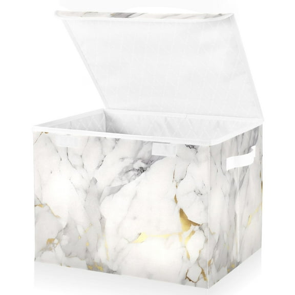 Large Lidded Bin Foldable Storage Baskets White and Gold Marble Boxes Cubes Lids with 2 Handles for Home Bedroom Office 16.5"x12.6"x11.8"