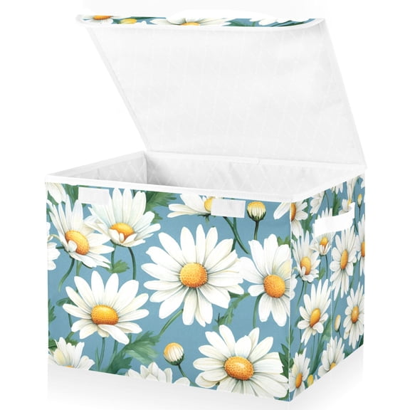 Large Lidded Foldable Storage Baskets Cubes Boxes Lids Bin for Home Bedroom Office Daisy Flowers