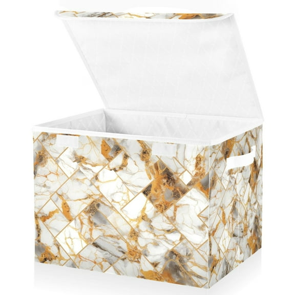 Large Lidded Foldable Storage Baskets Cubes Boxes Lids Bin for Home Bedroom Office Marble Golden
