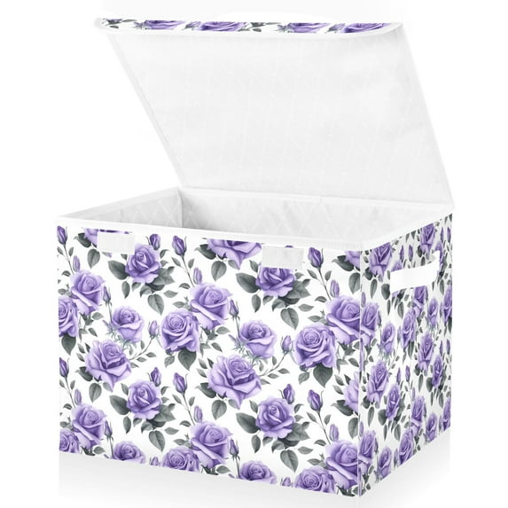 Large Lidded Foldable Storage Baskets Cubes Boxes Lids Bin for Home Bedroom Office Rose Flowers Purple