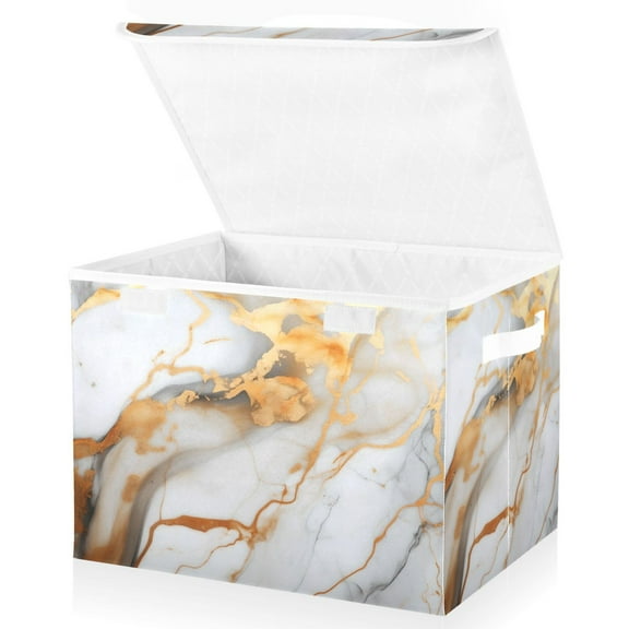 Large Lidded Foldable Storage Baskets Cubes Boxes Lids Bin for Home Bedroom Office White and Gold Marble