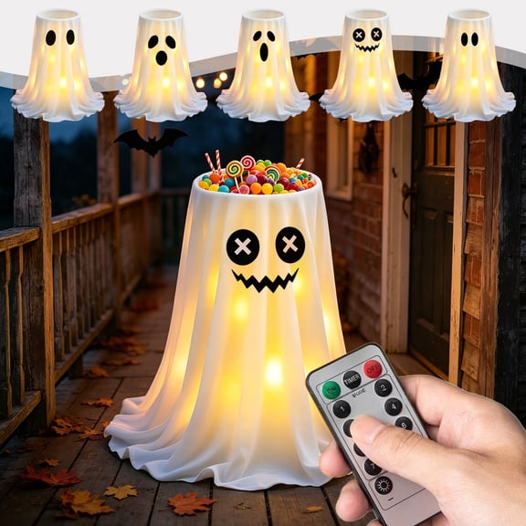 Large Light Up Ghost Shaped Floor Candy Bowl, Remote Controlled LED Treat Holder, Spooky Trick or Treat Container for Halloween Indoor Party, Entryway and Festive Home Decor Display, White-A