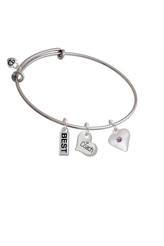 Large Light Purple Birthday Crystal Heart Coach Heart Expandable Bangle Bracelet