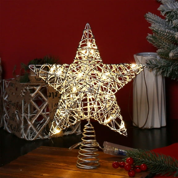 Large Light-Up Iron Christmas Tree Topper Star - 12-inch Gold Five-Pointed Star with LED Lights for Tree Top Decoration, Indoor Holiday Desktop Ornament, Warm Festive Ambiance