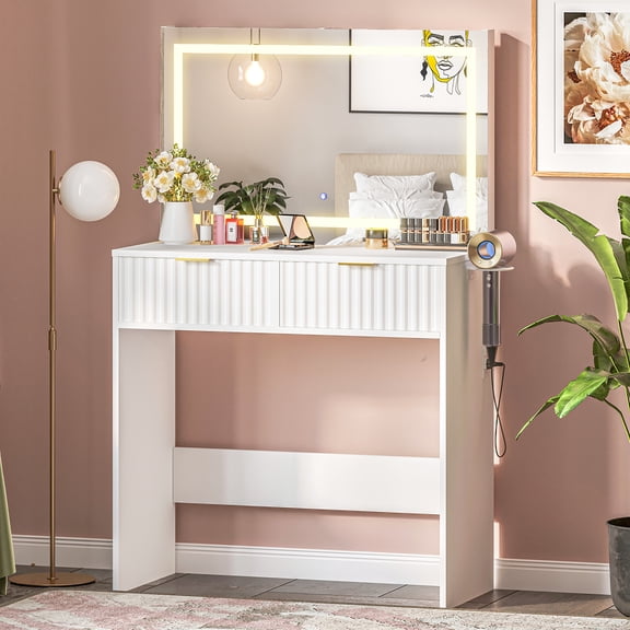 Large Lighted Mirror Vanity Desk, Makeup Dressing Table, Adjustable Lights, Makeup Vanity Table with Drawers, Space-Saving Design for Bedroom
