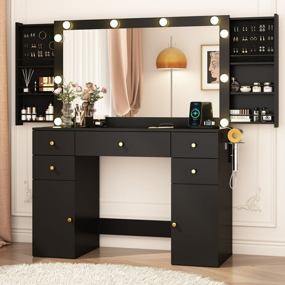 Large Black Lighted Mirror Vanity Desk with Sliding Storage & Glass Top & 5 Drawers, 44.1" Large Makeup Vanity Table with Charging Station & 2 Storage Cabinet for Women Girls, Black