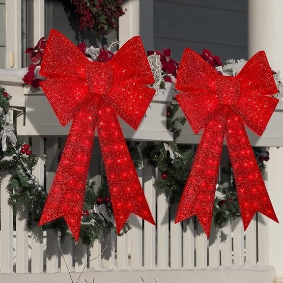 Large Lighted Red Glitter Christmas Bow, 48" 126 LED Festive Bow for Wreath Embellishment, Tree Topper & Indoor Outdoor Parties