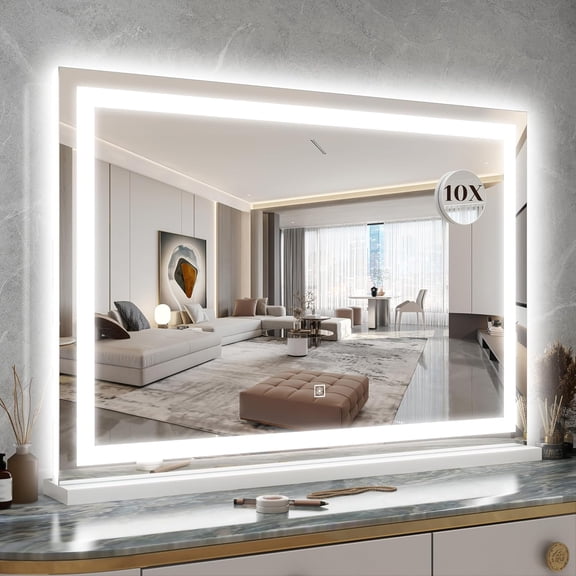 Large Lighted Vanity Mirror with LED Lights, Dimmable 3 Color Modes, 10X Magnification, Tabletop or Wall-Mounted, White, 31" x 22", Aluminum Frame, Modern Rectangular Design