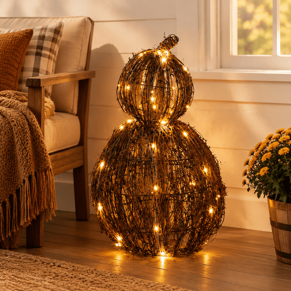 Large Lighted Wicker Fall Pumpkin Decoration for Thanksgiving and Harvest Displays