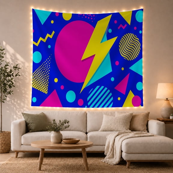 Large Lightning Bolt in Vibrant Shapes on Cobalt Blue Background, Energetic Retro for Art Lovers, Geometric Pop Art Decor, Housewarming Gift, Tapestry Wall Hanging for Living Room and Dorm