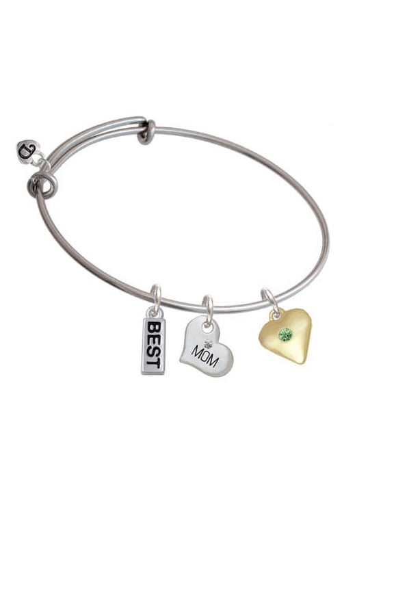 Large Lime Green Birthday Crystal Gold Tone Heart Mom Heart Expandable Bangle Bracelet