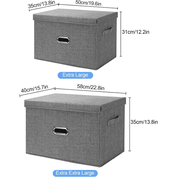 Large Linen Fabric Foldable Storage Bins with Removable Lid and Handles, Washable Storage Box Organizer Containers Baskets Cube with Cover for Bedroom,Closet,Nursery (Grey, XXL(2-Pack))