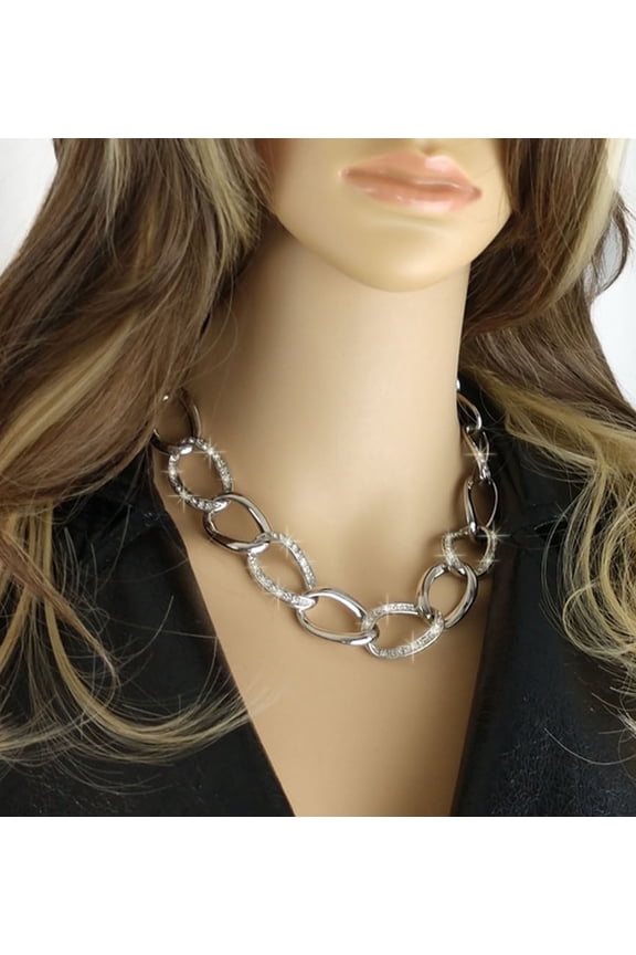 Silver Tone Crystal Trendy Link Necklace, 16-19.5 Inches