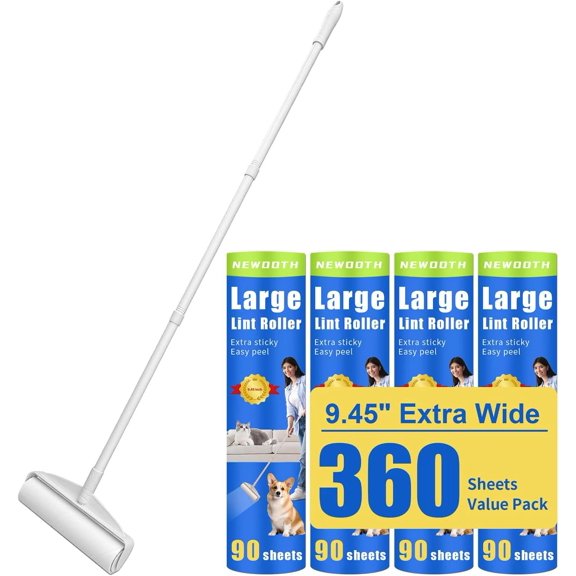Large Lint Rollers for Floor Carpet, Sticky Floor Roller with 3 Extendable Long Handle for Pet Hair Removal, 9.45" Giant Lint Roller with 360 Sheets for Carpets, Beds, Cars, Clothing