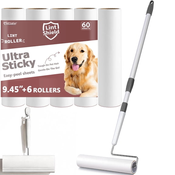 Large Lint Rollers for Pet Hair Extra Sticky, 9.45'' Long Handled Giant Lint Roller,6 Replaceable Rolls for Cleaning Carpets, Clothing, Couch, Furniture Wall Cleaner Mop Dust Remover