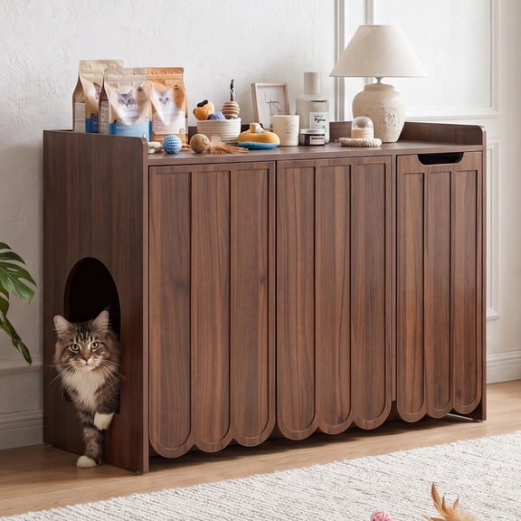 Large Litter Box Enclosure, Hidden Cat Litter Box for Automatic Litter Box, Wooden Cat Litter Cabinet with 2-Layer Drawer, Side End Table for Living Room, Walnut