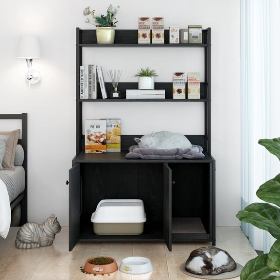Large Litter Box Enclosure with Shelves and Doors, 52'' Litter Box Bookshelf Cat Box Furniture for Most of Litter Box Hidden Kitty Cat Litter Box Enclosure Cabinet with Scratch Pad