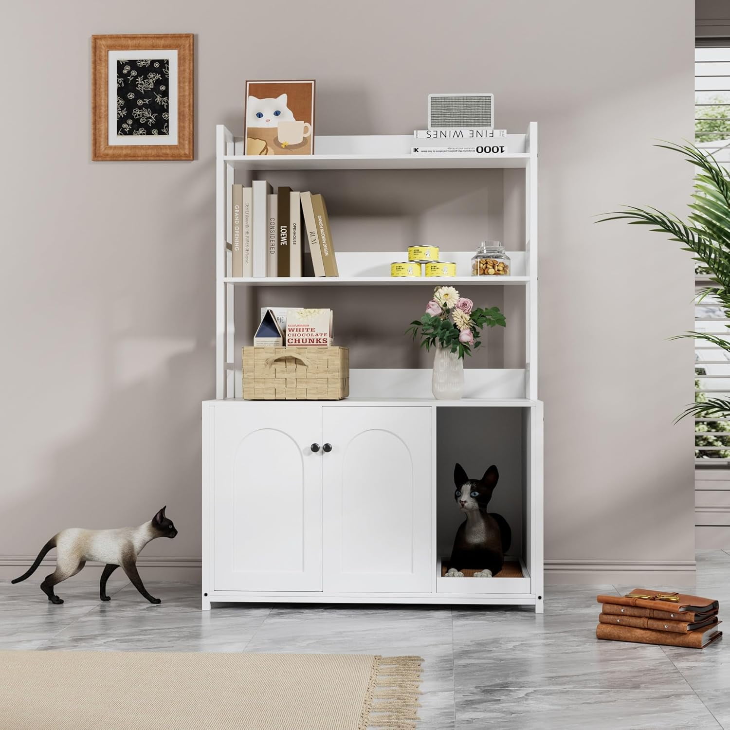 Large Litter Box Enclosure with Shelves and Doors, 52'' Litter Box Bookshelf Cat Box Furniture for Most of Litter Box Hidden Kitty Cat Litter Box Enclosure Cabinet with Scratch Pad