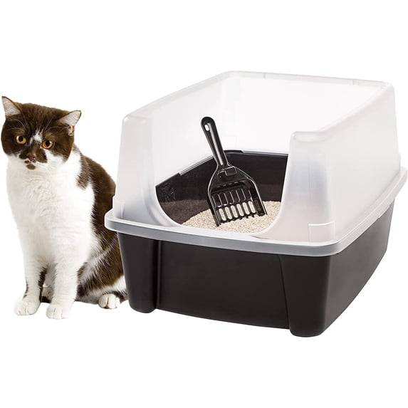 Large Litter Pan with Splash Guard and Scoop, Open High Rim Litter Pan, Black