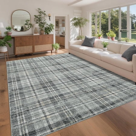 Large Living Room Area Rug 8x10 - Machine Washable Modern Geometric Neutral Rug Non-Shedding Low Pile Tartan Plaid Farmhouse Carpet for Bedroom Nursery Classroom Dorm 8'x10' Green