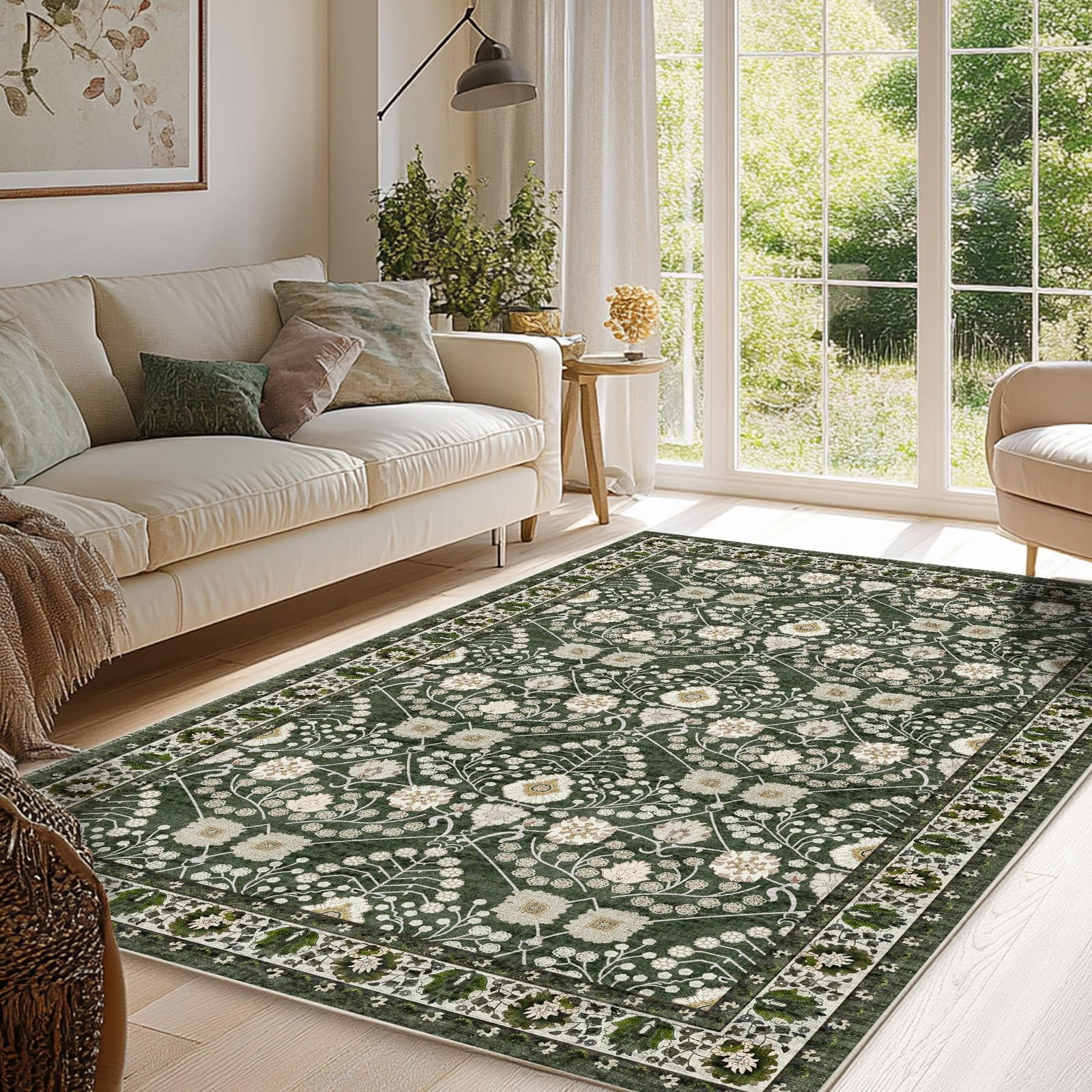 Large Living Room Rug Dark Green Floral Area Rugs Machine Washable Rug ...