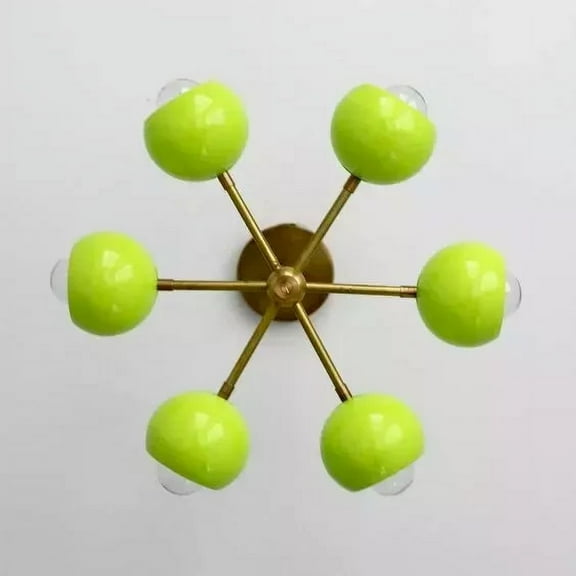 Large Loa Chandelier with Brass Orbs Lamps Lighting Ceiling Fixture Green 6 Arms