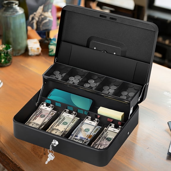 Large Lockable Cash Box with Internal Tray and Bill/Coin Compartments for Money Storage and Organization