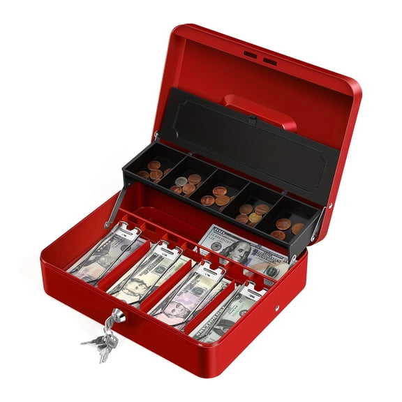 Large Lockable Cash Box with Internal Tray and Bill/Coin Compartments for Money Storage and Organization