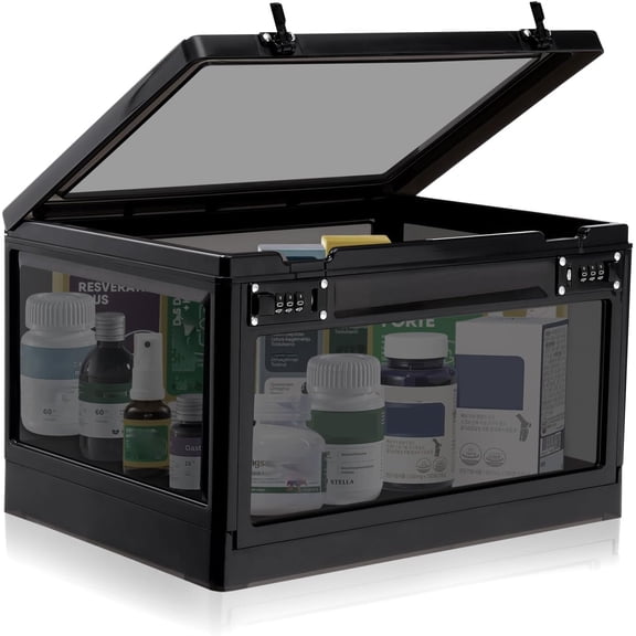 Large Lockable Transparent Storage Box with Dual 3-Digit Combination Locks, 24.8 L, Black, Modern Square Design
