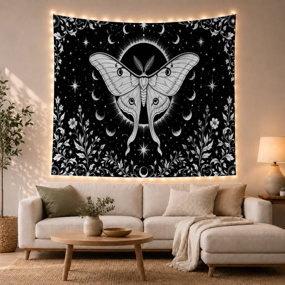 Large Luna Moth Below a Crescent Moon Among Stars, Mystical Gothic for Nature Lovers, Celestial Insect Art, Halloween Gift, Tapestry Wall Hanging for Bedroom and Studio