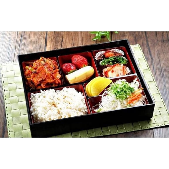 , Large Lunch Bento Box 6 Compartments Japanese Traditional Plastic Lacquered for Restaurant or Home Tray and Plate 2pc Set Made in Japan, Red and Black Color, 14x10.5 inch