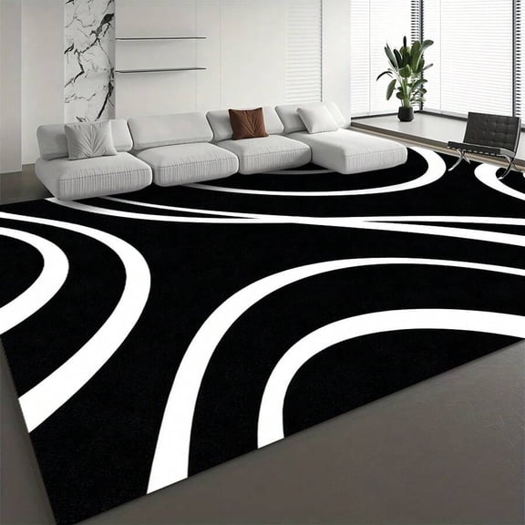 Large Luxurious Soft Rectangular Area Rug, Large Carpet With Modern Minimalist Style And Curved Pattern, Black And White Color Scheme, Soft, Suitable For High-Traffic Large-Area Living Rooms