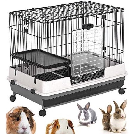Large Luxury Guinea Pig Chinchilla Squirrel Rabbit Rabbit Hutch House Small Animal Habitat Casters (Black 2-Level, 0.9-Inch Bar Spacing)