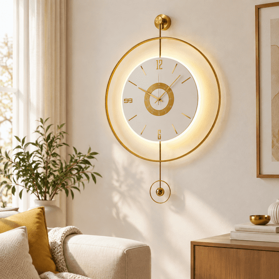Large Luxury Ledlit Wall Clock - Pendulum Roman Numeral Metal Ring Silent Non-ticking Decorative For Living Room Bedroom Entryway