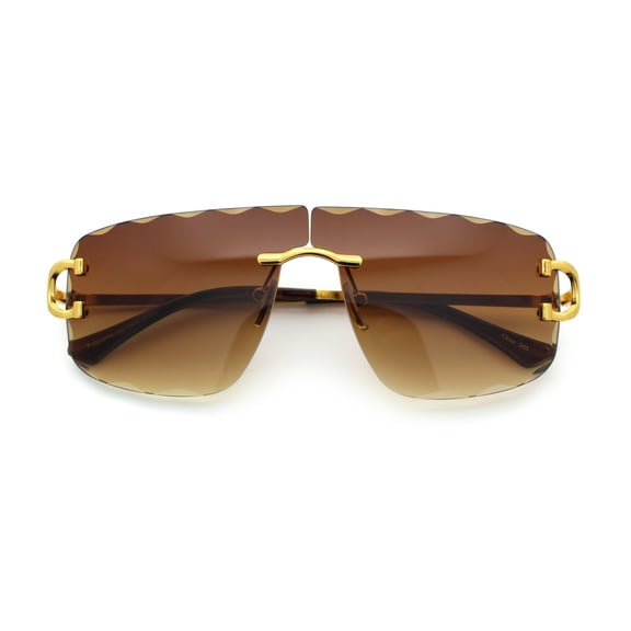 Large Luxury Petal Bevel Rimless Curved Top Gangster Shade Sunglasses [Gold - Brown]