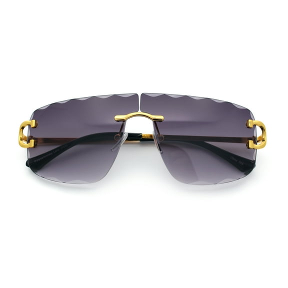 Large Luxury Petal Bevel Rimless Curved Top Gangster Shade Sunglasses [Gold - Smoke]