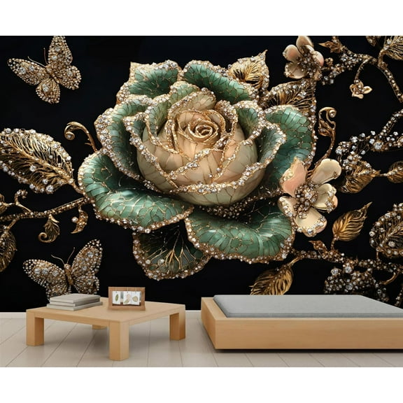 Large Luxury Rose Mural Wallpaper - Gold Flower Butterfly Murals For Living Room Bedroom, Rose Wall Mural 55"W x 28"H (Not Peel and Stick)