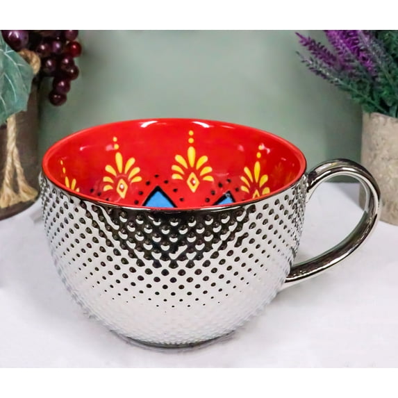 Large Luxury Silver Plated Ottoman Style Red Flower Mug Bowl 24oz Set Of Two