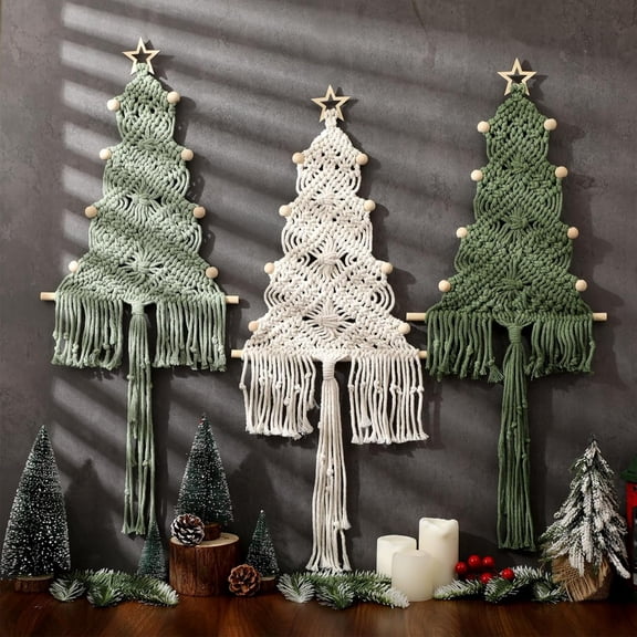 Large Macrame Christmas Tree Set - 3 Hanging Ornaments, Boho Wall Decor for Festive Party Decorations