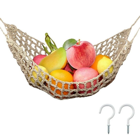 Hanging Fruit Hammock Basket with Hooks,Hand-Woven Cotton Under Cabinet Storage for Fruit and Kitchen Produce