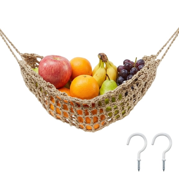 Hanging Fruit Hammock Basket with Hooks,Hand-Woven Cotton Under Cabinet Storage for Fruit and Kitchen Produce