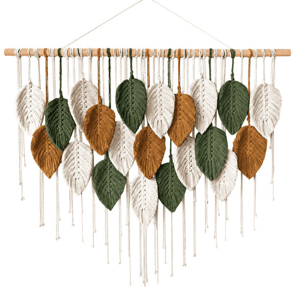 Large Macrame Wall Hanging Boho Home Decor, Handmade Woven Leaf Tassel Macrame Tapestry Chic Wall Art Hanging Decor for Bedroom Living Room Office, White Brown Green, 39.4 x 31.5in