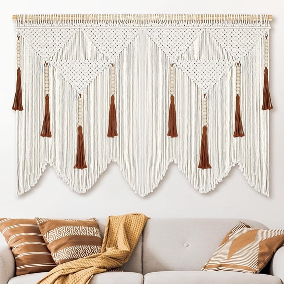 Large Macrame Wall Hanging, Boho Woven Tapastry with Wood Bead Tassel, Above Bed Minimalist Decor for Bedroom, Bohemian Art Decoration for Living Room Apartment Home