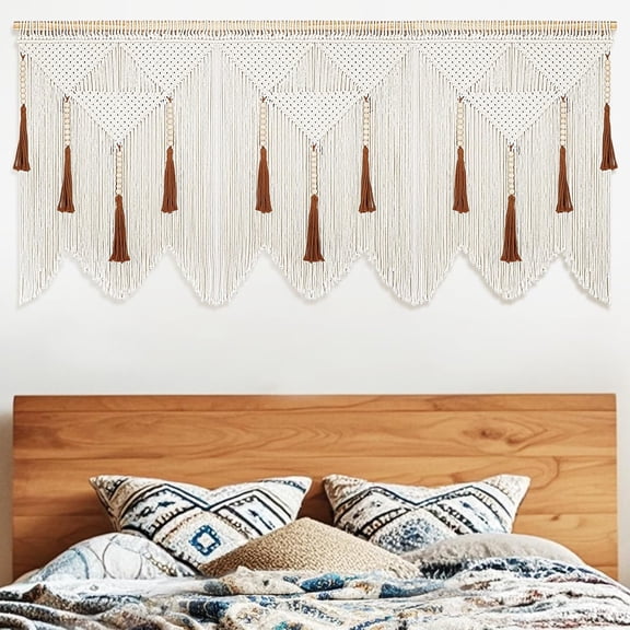 Large Macrame Wall Hanging, Boho Woven Tapastry with Wood Bead Tassel, Above Bed Minimalist Decor for Bedroom, Bohemian Art Decoration for Living Room Apartment Home