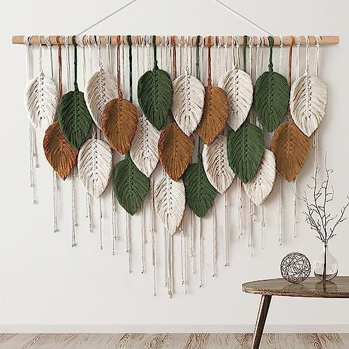 Large Macrame Wall Hanging Boho Woven Tapestry, Chic Home Decor Modern Bohemian Handmade Leaf Feather Wall Art Decorations for Apartment Dorm Living Room Bedroom Nursery Backdrop 39"