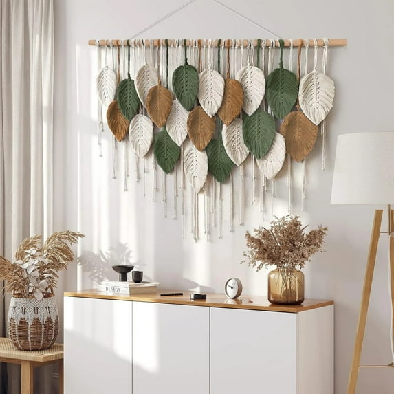 Large Macrame Wall Hanging Boho Woven Tapestry,Chic Home Decor Modern Bohemian Handmade Leaf Feather Wall Art Decorations for Apartment Dorm Living Room Bedroom Nursery Backdrop 39"W X 29.5"L
