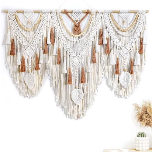 Large Macrame Wall Hanging, Boho Woven Tapestry Wall Decor, Chic Bohemian Handmade Leaf Feather Wall Art Decorations for Bedroom Living Room Apartment Wedding Party (Leaf & Wood Bead)