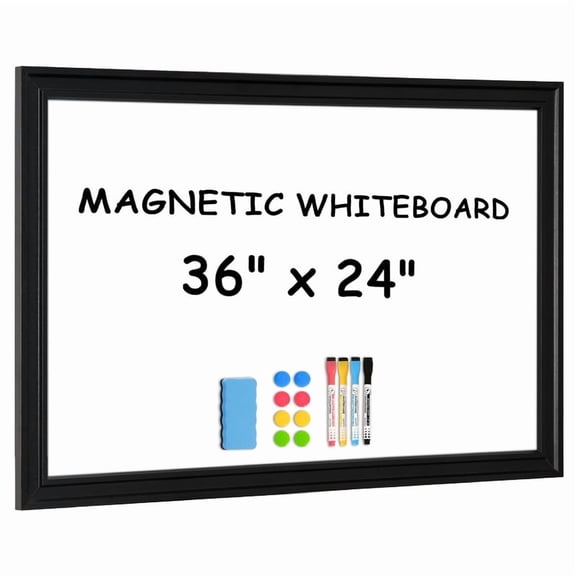 DOLLAR BOSS Large Magnetic White Board Dry Erase Board for Wall with Real Wooden Frame, 36" x 24", Wall Mount, Includes 4 Color Markers, Eraser and 4 Magnets,Home Office Products, Black Frame