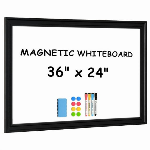 Large Magnetic White Board Dry Erase Board for Wall with Real Wooden Frame, 36" x 24", Wall Mount, Includes 4 Color Markers, Eraser and 4 Magnets,Home Office Products, Black Frame